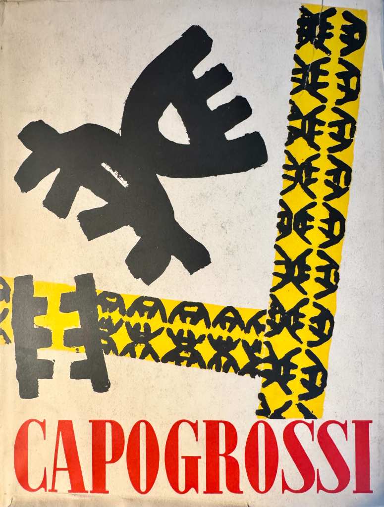 Abstract yellow and black cover design of 1954 Capogrossi monograph published by Edizioni del Cavallino with original lithogr