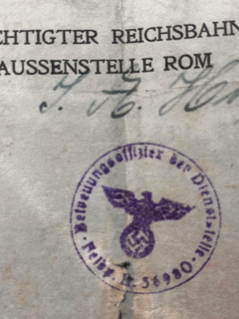 Original bilingual Ausweis identity document issued by German Reich railway authority in occupied Rome 1943-44 with violet Na