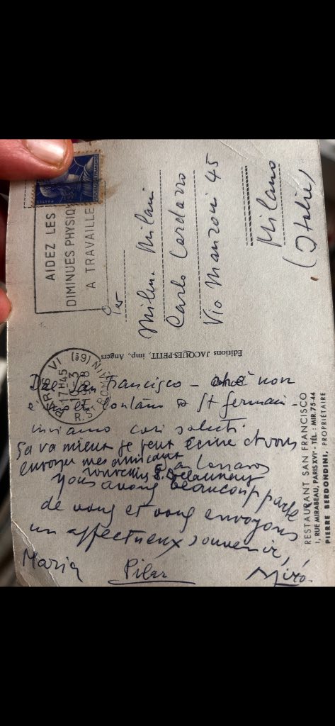 Autograph postcard signed by Joan Miró with triple family signature, sent from Paris to gallerist Carlo Cardazzo in Milan, Ju