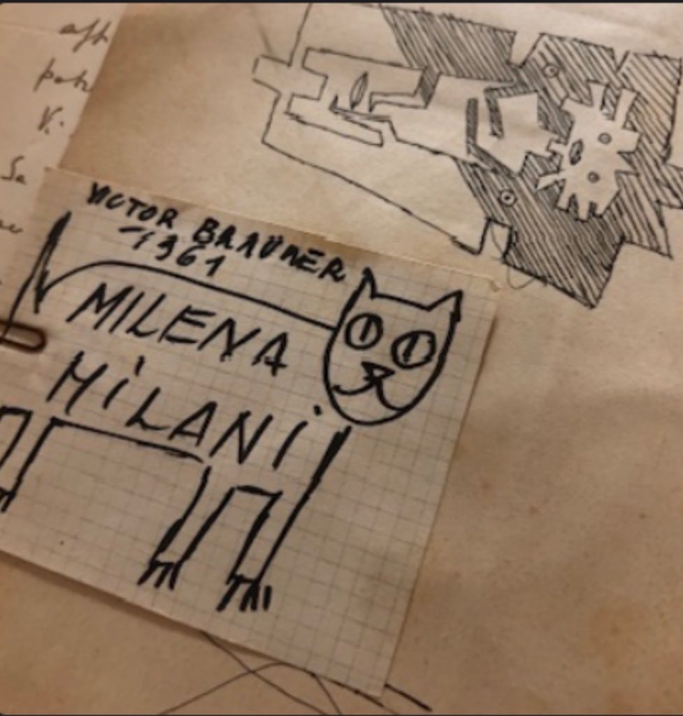 Black ink drawing on squared paper by Victor Brauner showing stylized cat formed from letters spelling Milena Milani, signed 