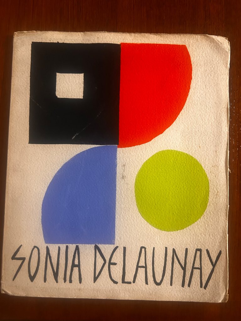 Geometric polychrome composition on cover of Sonia Delaunay 1958 Bielefeld exhibition catalogue showing Orphist abstract desi