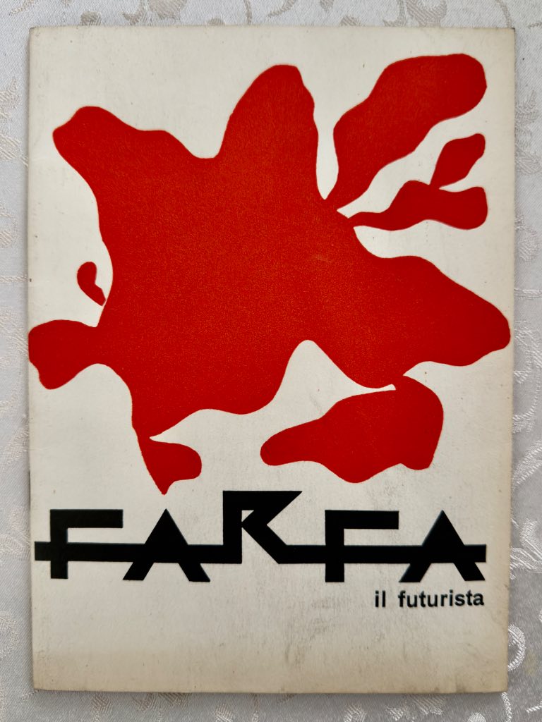 Cover of Farfa il futurista 1959 exhibition catalogue with organic red blotch design and black Futurist lettering on white gr