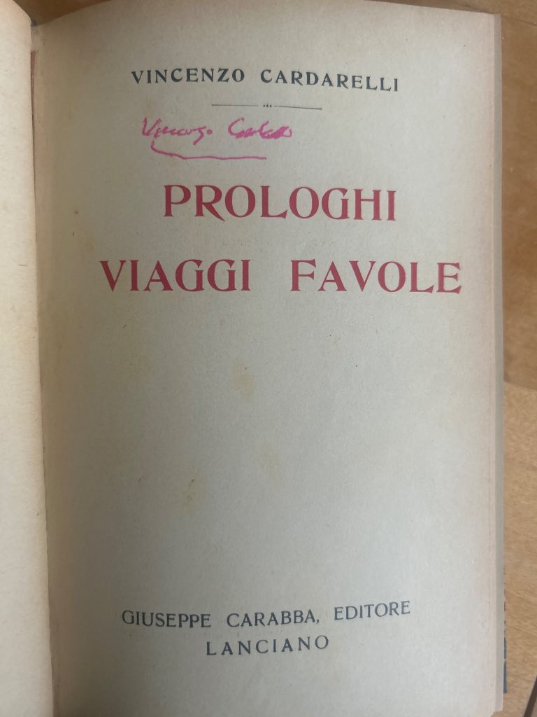 1916 Carabba edition of Cardarelli Prologhi Viaggi Favole with futurist geometric binding and red ink signature