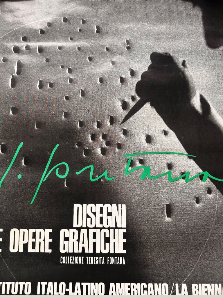 Cover of 1987 Lucio Fontana exhibition catalogue showing iconic photograph of artist piercing canvas with characteristic buch