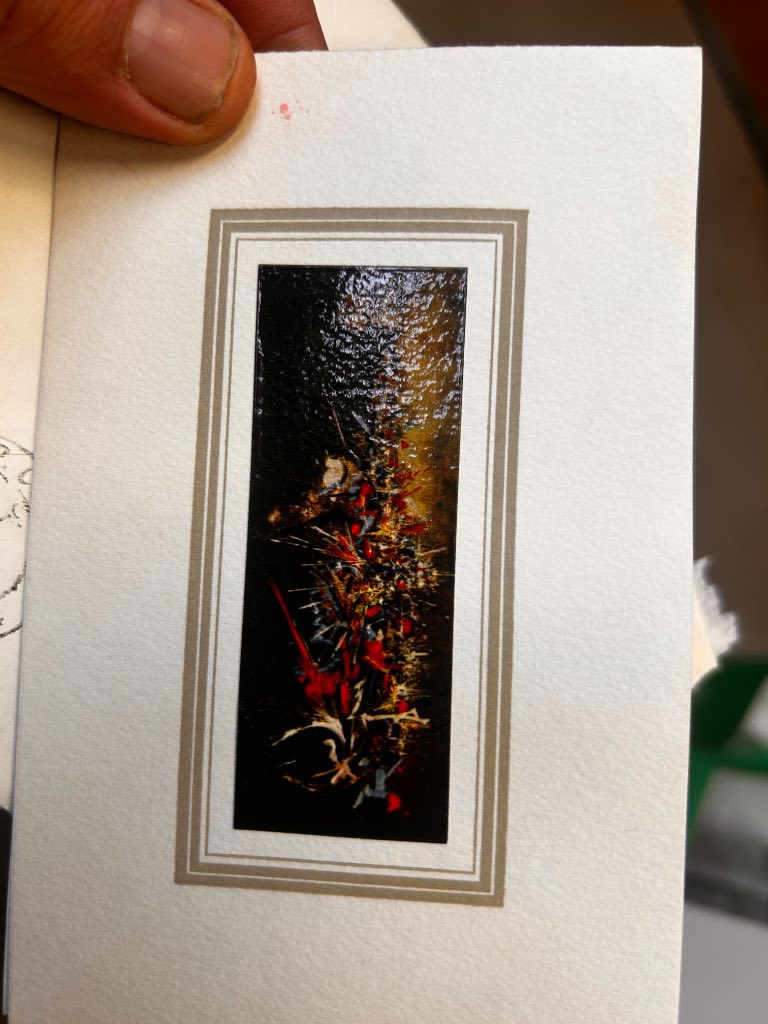 Georges Mathieu abstract lithograph with black, red and gold calligraphic gestures on dark ground, mounted on white support, 
