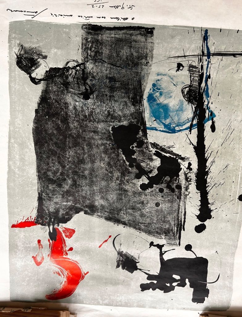 Giuseppe Santomaso 1972 Dallas Museum exhibition poster with gestural black mass, red and blue accents, autograph dedication 